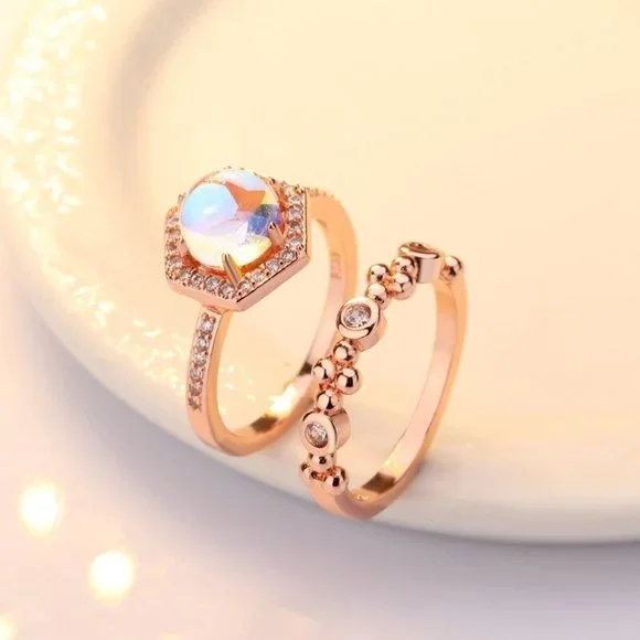 NEW Rose Gold 2pcs/set Hexagonal Opal Ring - Picture 3 of 7